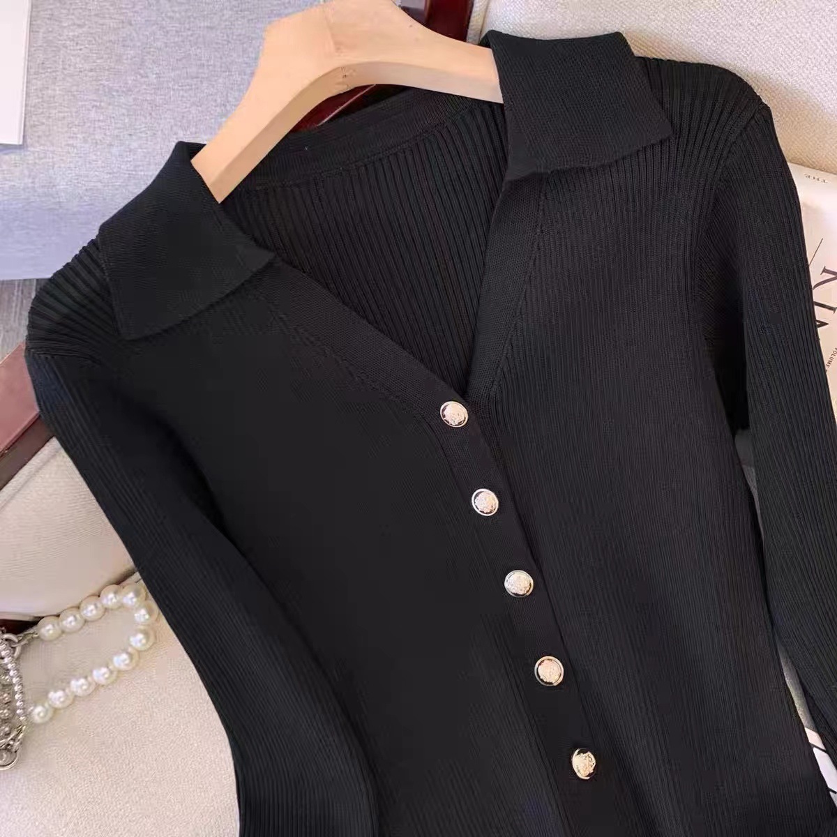 Womens Button-Front Knit Mini Dress Elegant V-neck Slim Long Sleeve Cardigan